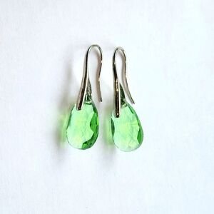 Green Waterdrop Teardrop Crystal Silver Drop Dangle Silver Hook Earrings
